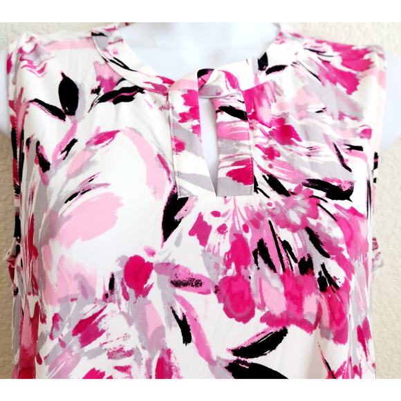 Kasper Pink White Black Floral Print Keyhole Neck Top Small Lightweight Soft - Picture 2 of 6
